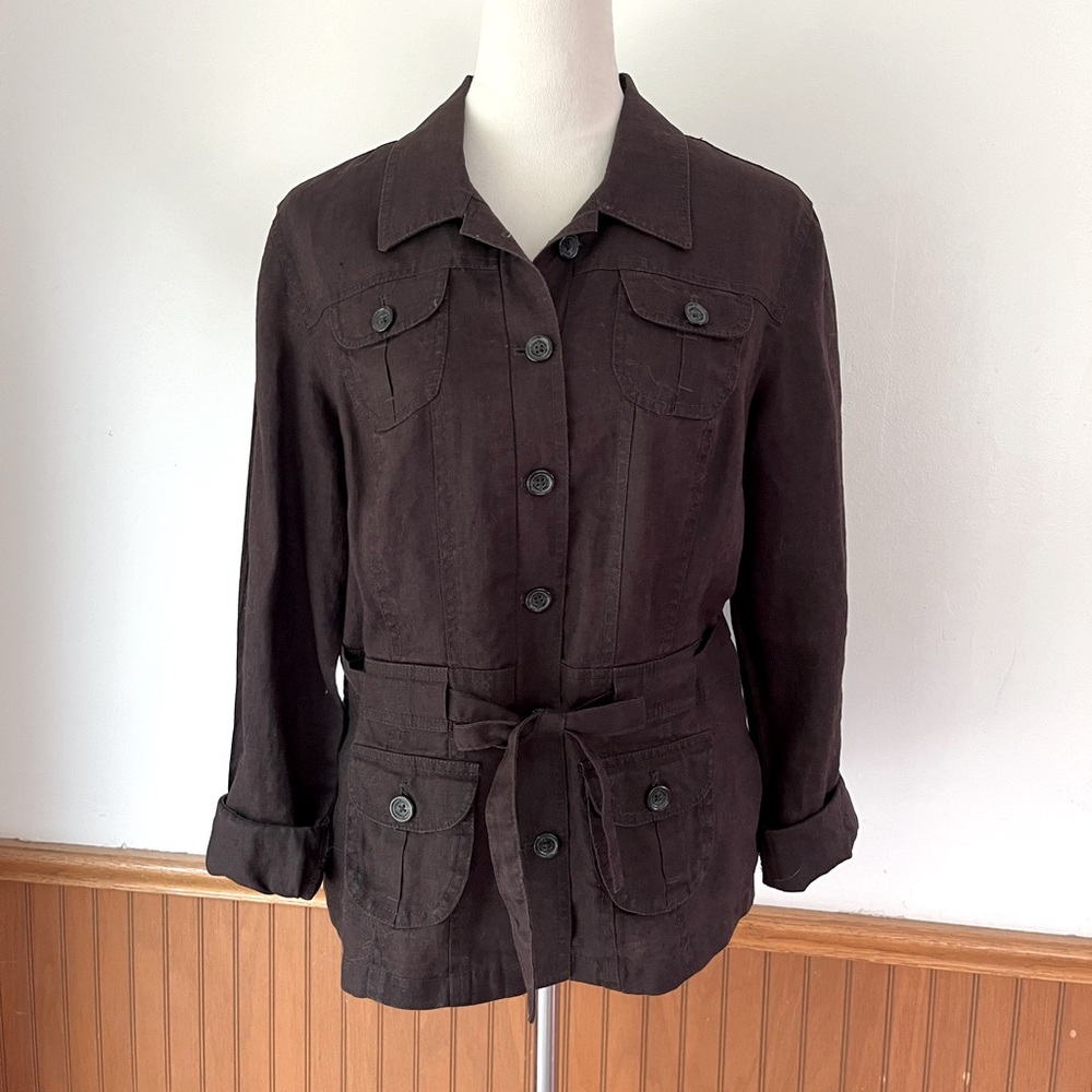 Linen brown jacket one touch Parisian 42 medium button tie belt lagenlook